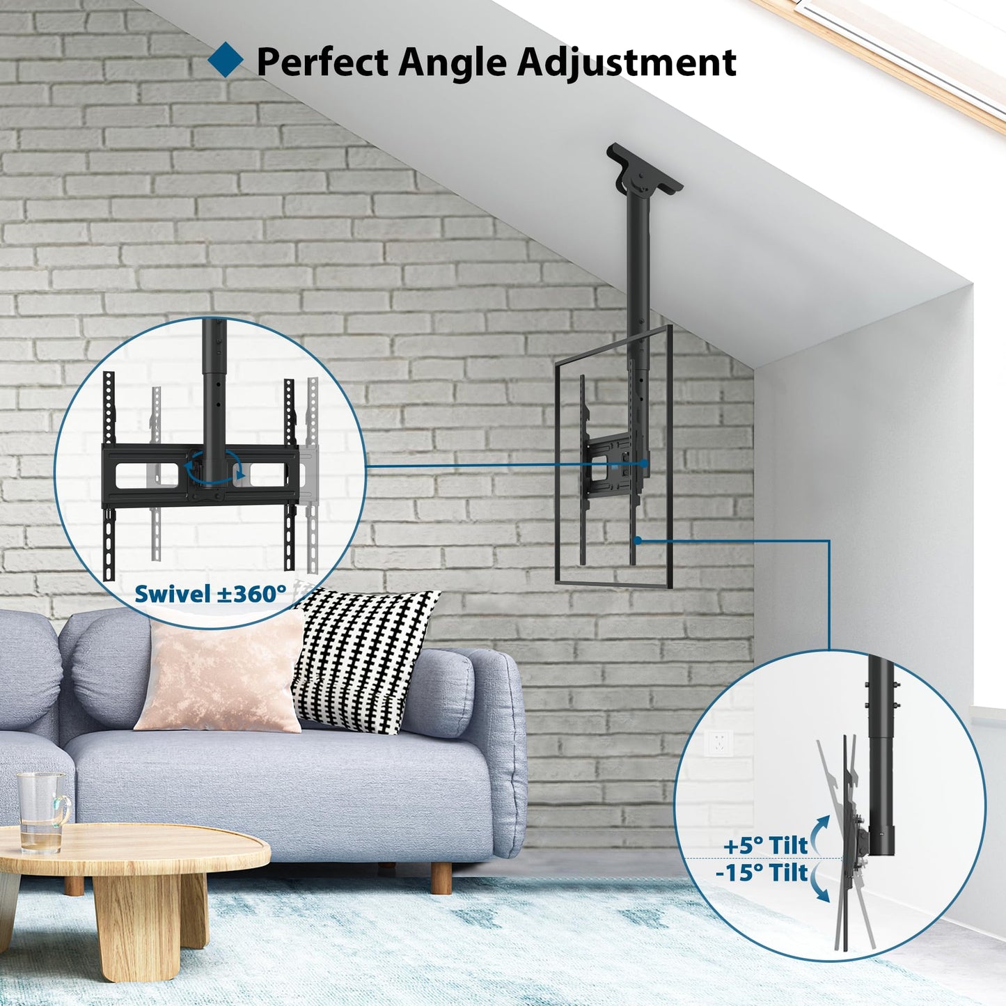 BONTEC TV-Deckenhalterung, neigbar und schwenkbar, 6-fache Höhenverstellung für 26-65 Zoll TV Decke, bis zu 45 kg, TV Wandhalterung max. VESA 400x400 mm