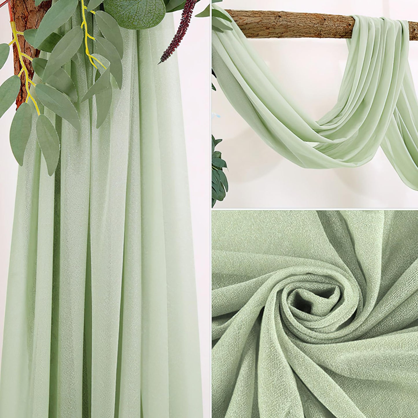 auons Hochzeit Bogen Sheer Vorhänge Hintergrund, 600x75cm Voile Vorhang Chiffon Drapierung, Tüllstoff Vorhänge Arbor Draperie für Hochzeitszeremonie Empfang Party Deckendekor, Salbei Grün, 2 Panels