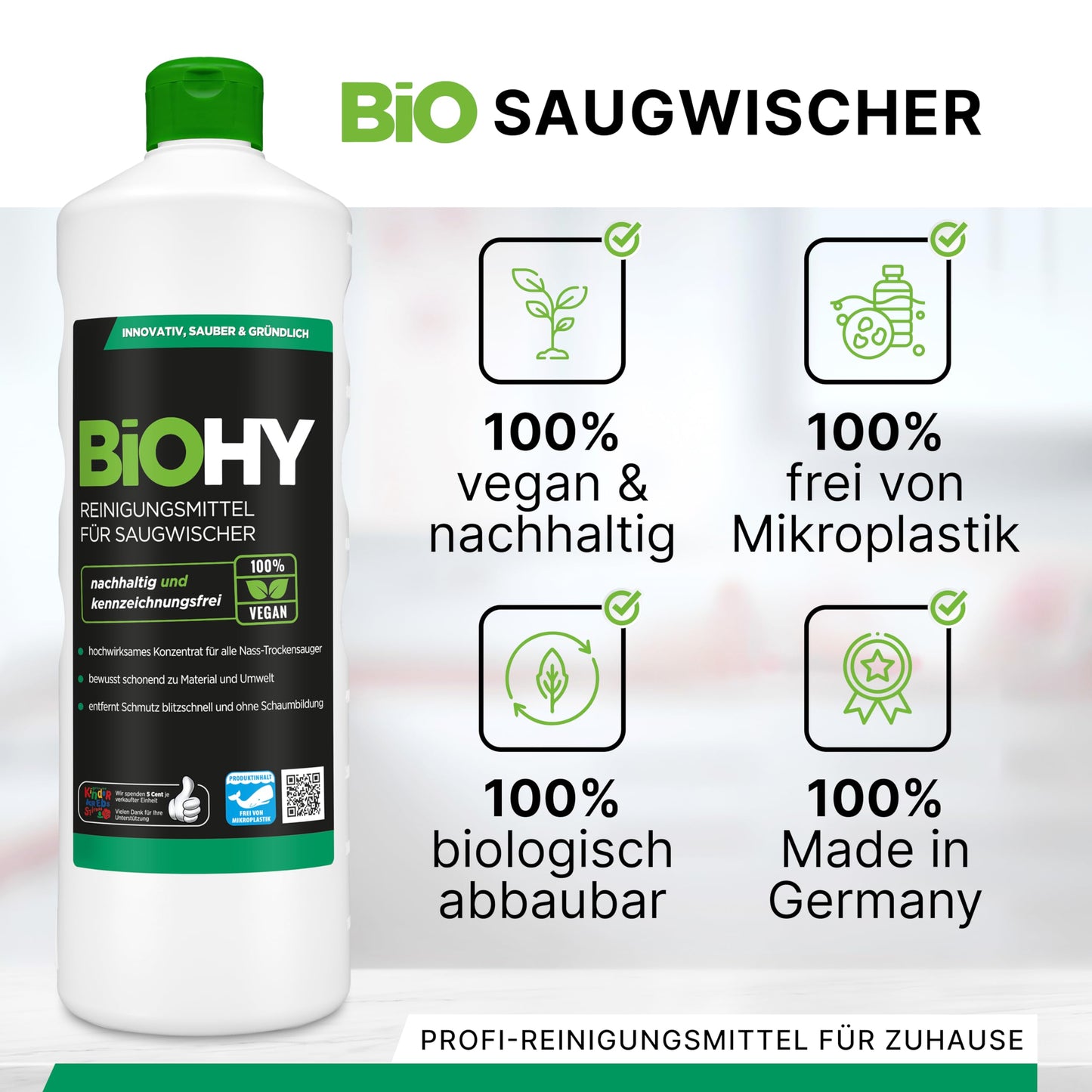 BiOHY Reinigungsmittel für Saugwischer mit Frischeduft (9 x 1 Liter) + Dosierer | 1:200 Konzentrat für alle Nass-Trockensauger | ideal für Fliesen, PVC, Parkett, Laminat & Teppich | streifenfreier