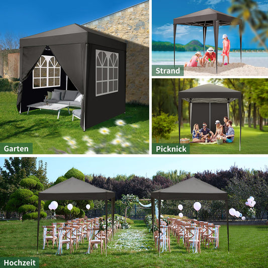 Bonnlo Pop Up Gazebo mit Seiten Einfaches EIN-Personen-Setup Sofortige Outdoor-Vordach Falten Garten Gazebo Partyzelt (2x2m, grau)