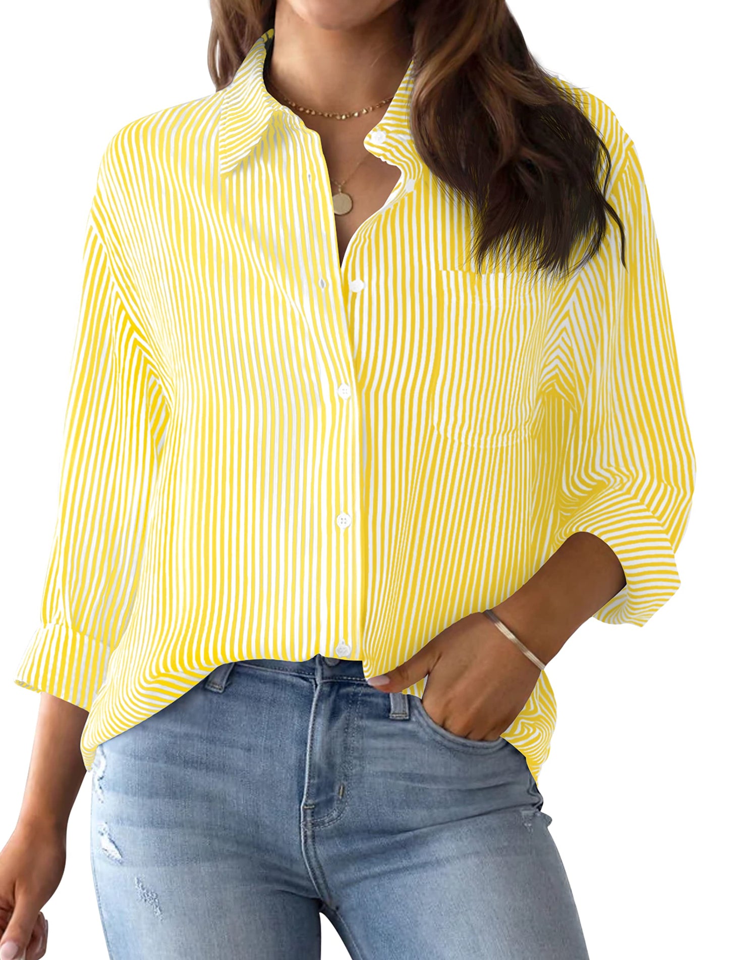 NONSAR Bluse Damen Elegant Langarm Streifenbluse Hemden mit Knöpfen Casual Büro Arbeit Blusen Baumwolle Tunika Hemd Oberteile Tops(9359M,Gelb)