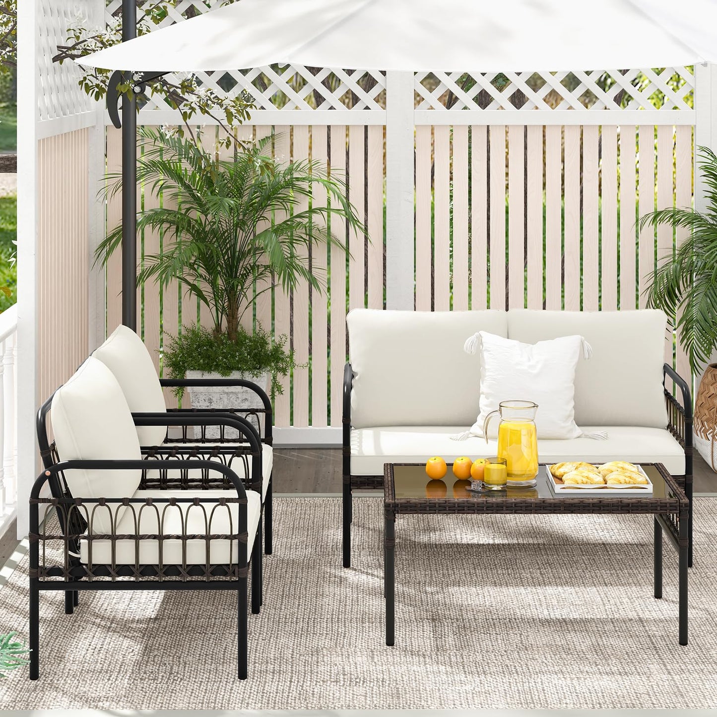 GIANTEX Gartenmöbel Set, Gartenlounge Outdoor Möbelsets, Garten Lounge Set Rattan, Sitzgruppe 4 Personen Tisch 2 Stühle Sitzbank, inkl. Kissen, Balkonmöbel Kleiner Balkon, Gartengarnitur Sitzgruppe