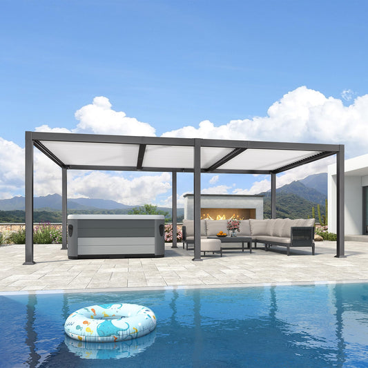 PURPLE LEAF Pergola 3.45 x 6.23 m Wasserdicht Stabil Winterfest Alu Pergola mit Lamellendach Terrassenüberdachung mit Verstellbaren Alu-Lamellen für Carport, Grauer Rahmen und Weißes Dach