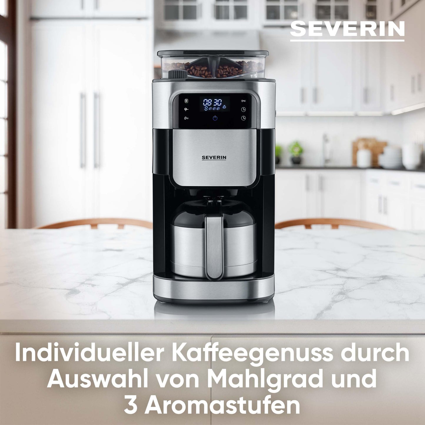 SEVERIN Filterkaffeemaschine mit Edelstahl-Mahlwerk und Thermokanne, feinste Mahlung und individuell auswählbarer Mahlgrad, 1000 W, für bis zu 8 Tassen / ca. 1 Liter, Schwarz, KA 4814