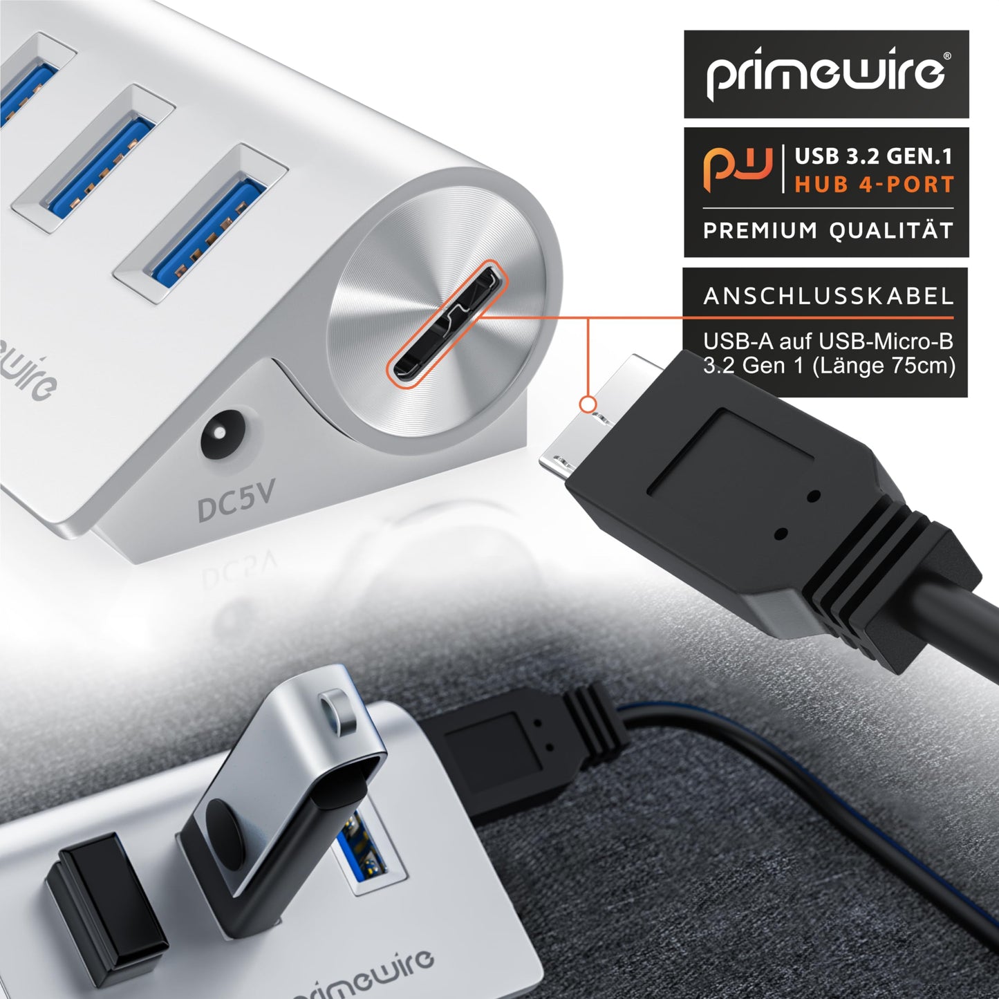 CSL - aktiver USB Hub mit Netzteil - USB 3.2 gen1 4 Port Verteiler - kompatibel mit PC Notebook iMac Mac Pro MacBook Air, Pro, Mini Tablet PS4 - Powered USB - inkl. Netzteil