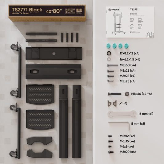 ONKRON TV Ständer rollbar für 40-80 Zoll TVs bis 55.5 kg - TV Standfuss höhenverstellbar aus Aluminium max 700x400 VESA Standfuß Fernseher Wagen/mobiler TV Ständer mit Rollen Schwarz TS2771-B