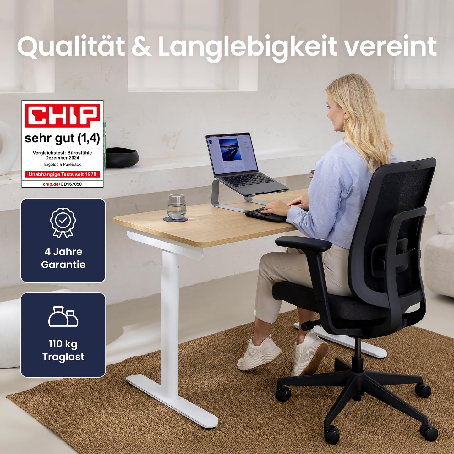 Ergotopia PureBack ergonomischer Bürostuhl – Schreibtischstuhl ergonomisch mit 4D-Armlehnen & Synchronmechanik – Für Home Office, Büro & Gaming – Bequemer Drehstuhl für gesundes Sitzen