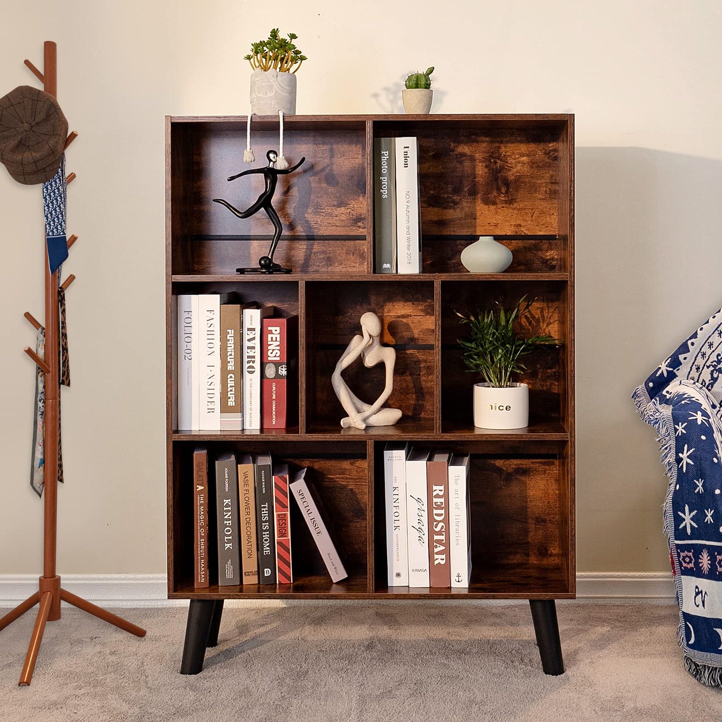 LEYAOYAO 3-Etagen-Bücherregal, Vintage Braun, Moderner Würfelregal mit Kreuzdesign, Freistehender Organizer für Zuhause und Büro
