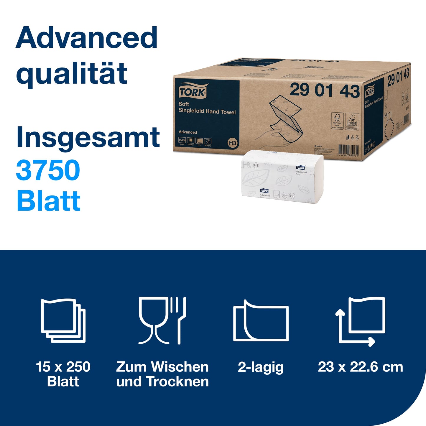 Tork weiche Zickzack Papierhandtücher Advanced 290143 - H3 Falthandtücher für Papierhandtuchspender - saugfähig und reißfest, 2-lagig, weiß - 15 x 250 Tücher