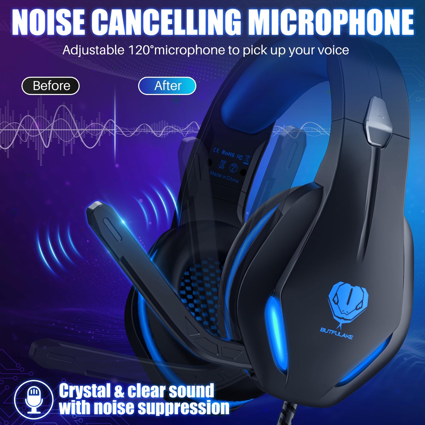 Stynice Gaming Headset mit Mikrofon für Xbox One / PS4 / PS5 / PC - Stereo Surround Kopfhörer mit Kabel und LED - Noise Cancelling Gamer Headphones