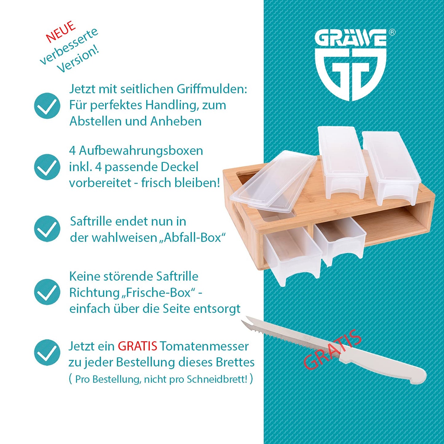 GRÄWE Bambus Schneidebrett groß, 40 x 27 cm, Holzbrett für Linkshänder, Küchenbrett mit Auffangschalen, klingenschonend, rechteckig