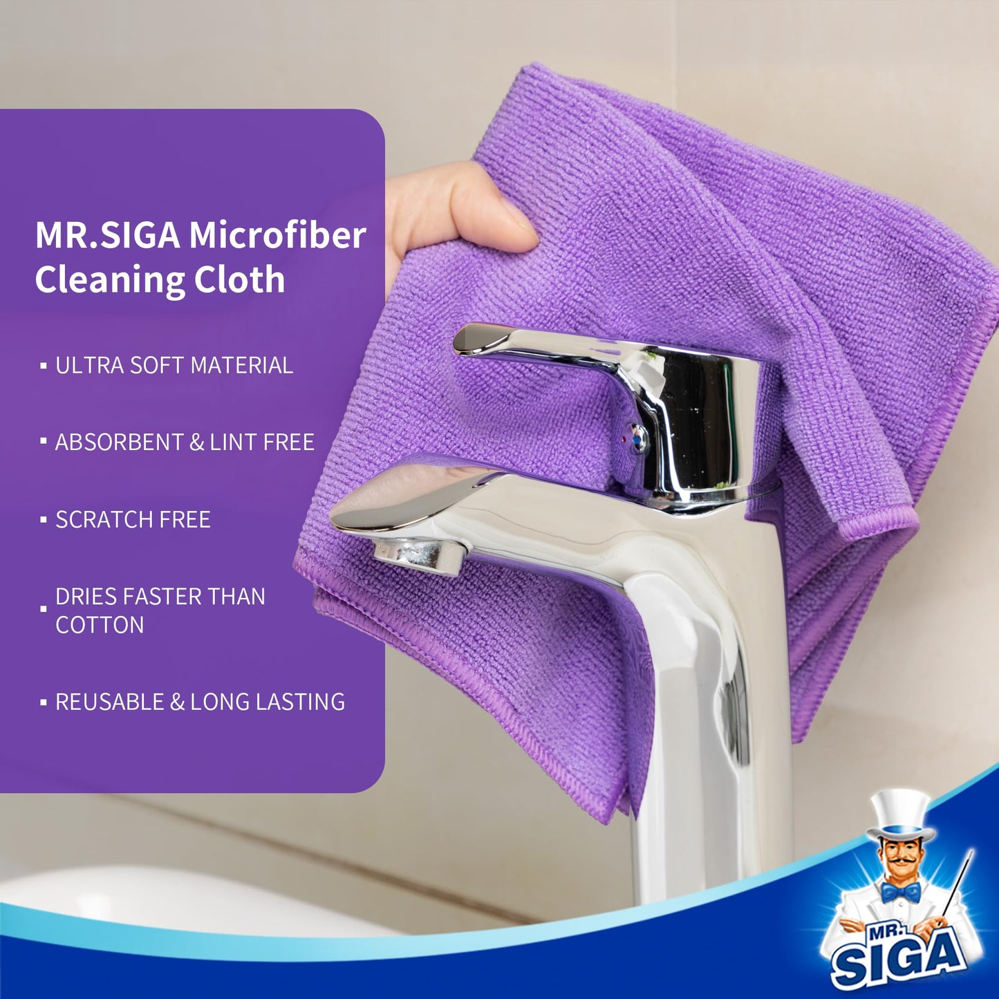 MR.SIGA Mikrofaser Reinigungstuch, Allzweck Mikrofasertücher, streifenfreie Putztücher, 12 Stücke, Lila