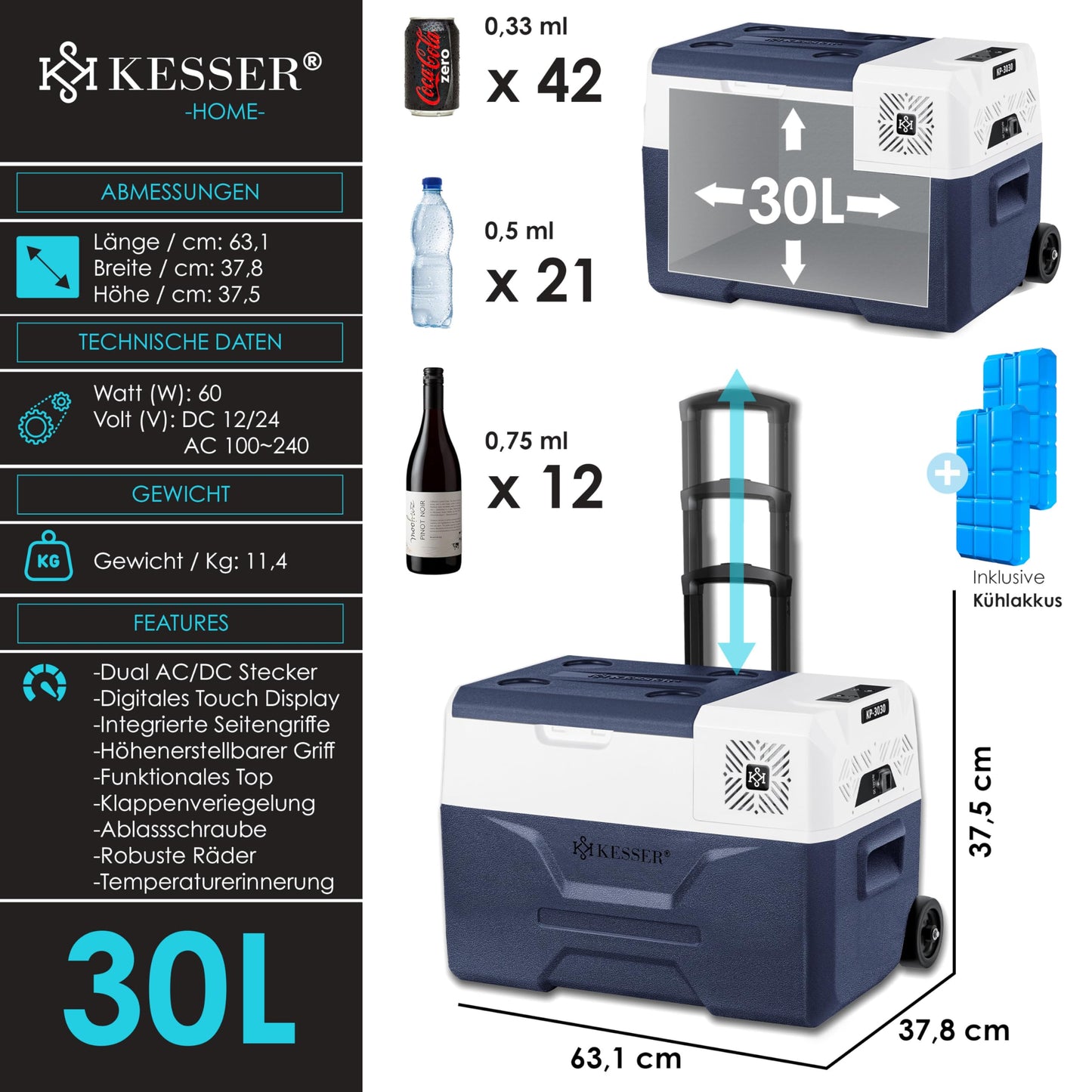 KESSER® Kompressor Kühlbox elektrisch Gefrierbox, 30 Liter Mit APP-Steuerung USB-Anschluss 12/24 V 230V, +Teleskopstange, 2x Kühlakkus Räder Kühlschrank Kühlung bis -20 °C für Auto, Lkw, Boot