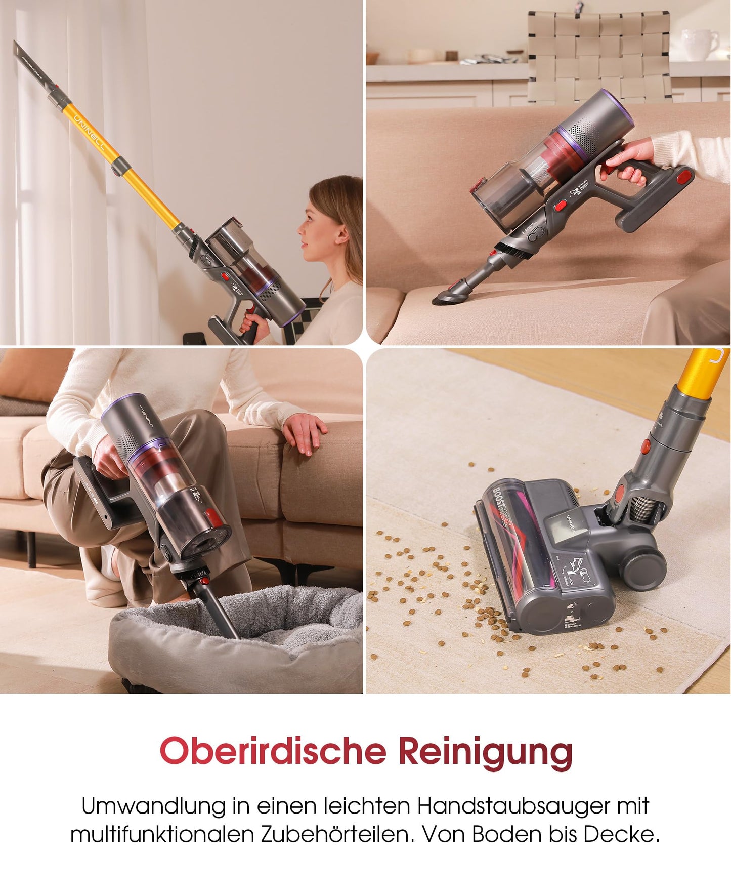 UNINELL HOME Akku Staubsauger,48000Pa/550W/65Mins Staubsauger Kabellos mit Selbststehende,1.6L Akkustaubsauger mit Anti-Tangle-Bürste,LED Touchscreen,Super Leise für Hartböden Teppiche Tierhaare Auto