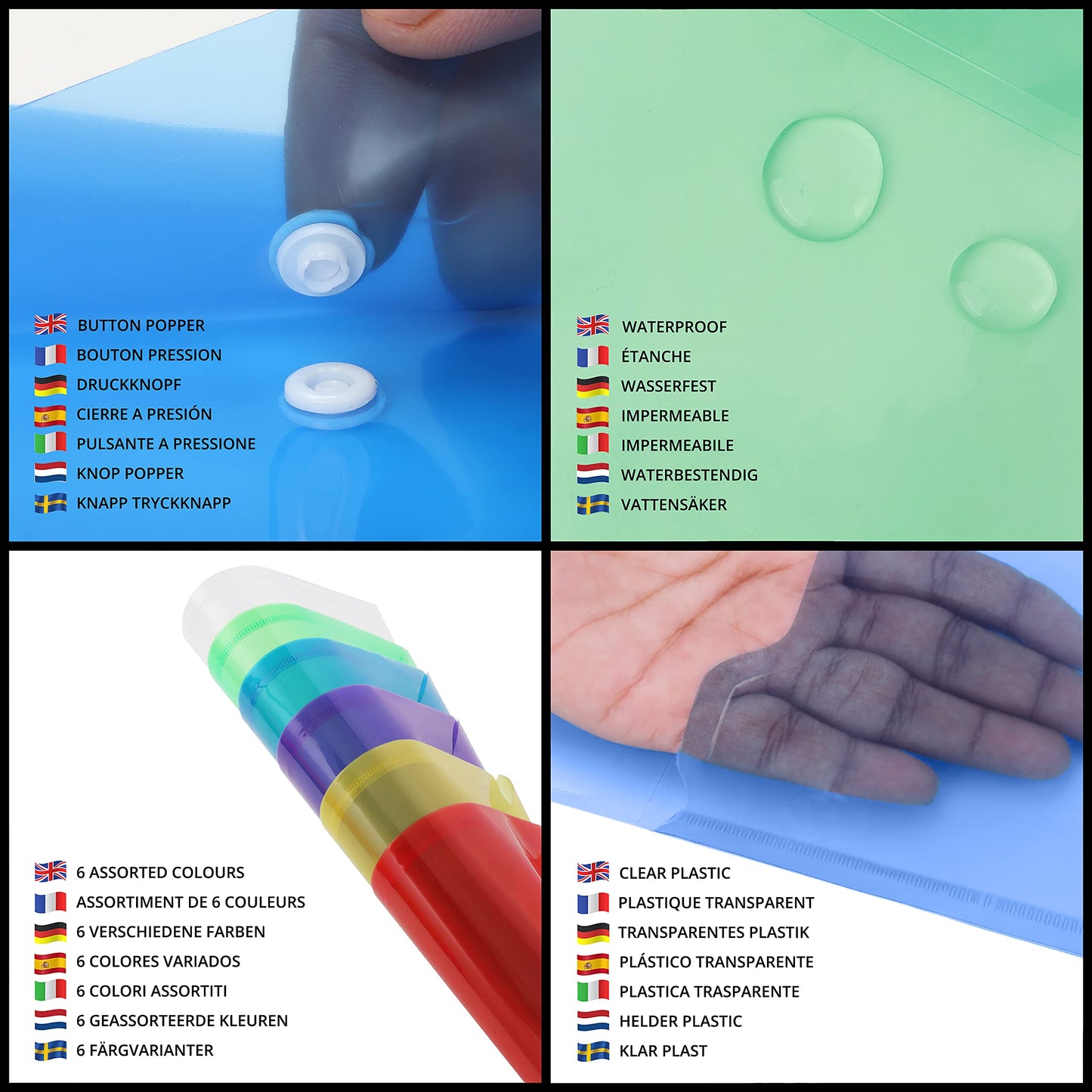 Belle Vous 24 Stk Dokumentenmappe A4 aus Durchsichtigem Kunststoff – Sammelmappe A4 in Verschiedenen Farben mit Druckknopfverschluss – Postmappe & Dokumententasche für Zuhause, Büro & Schule