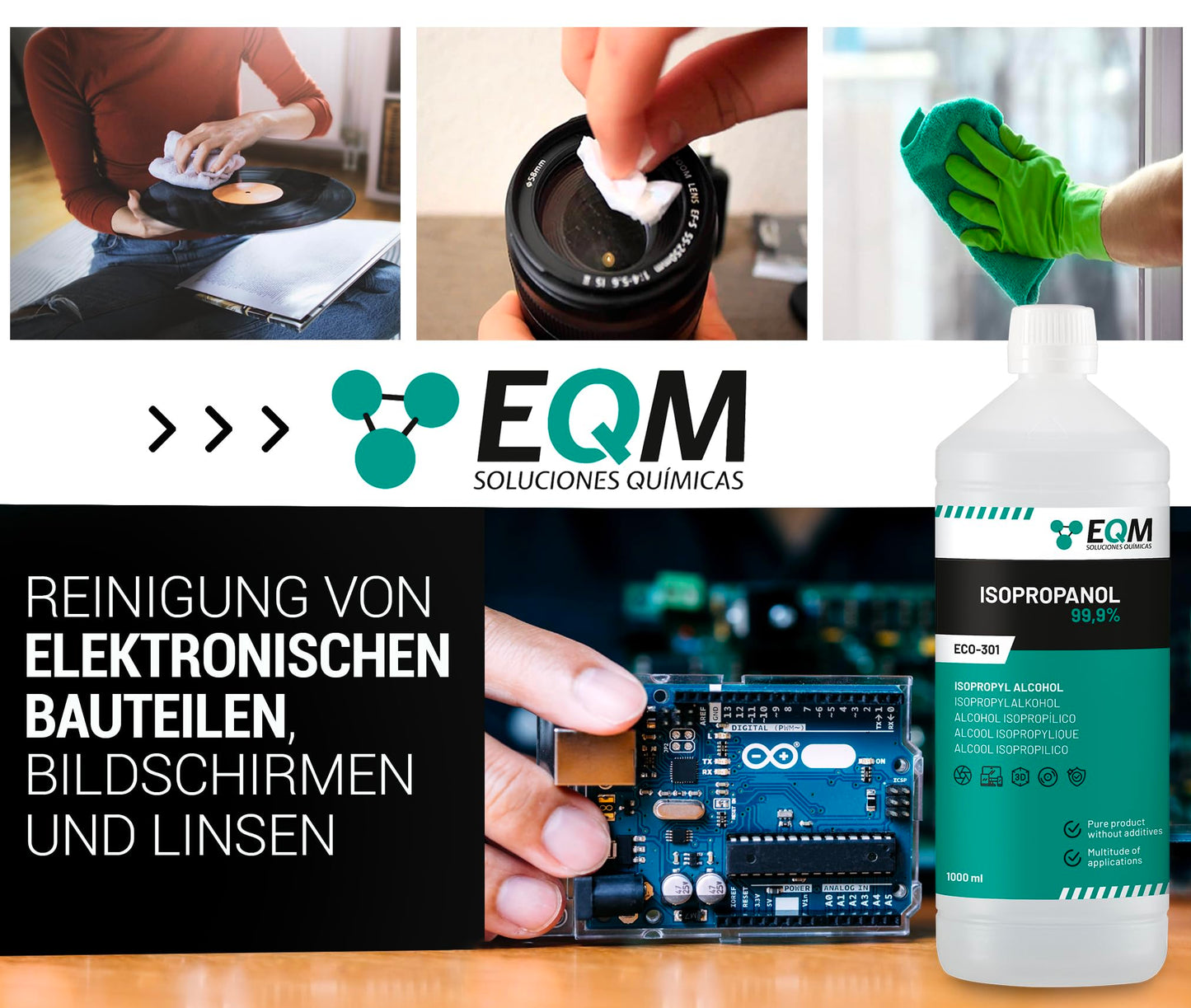 EQM - ECO-301 - Isopropanol - Isopropylalkohol 99.9% - 1L - Reinigung von elektronischen Bauteilen, Linsen und Bildschirmen - Reinigung von Harzen im 3D-Druck