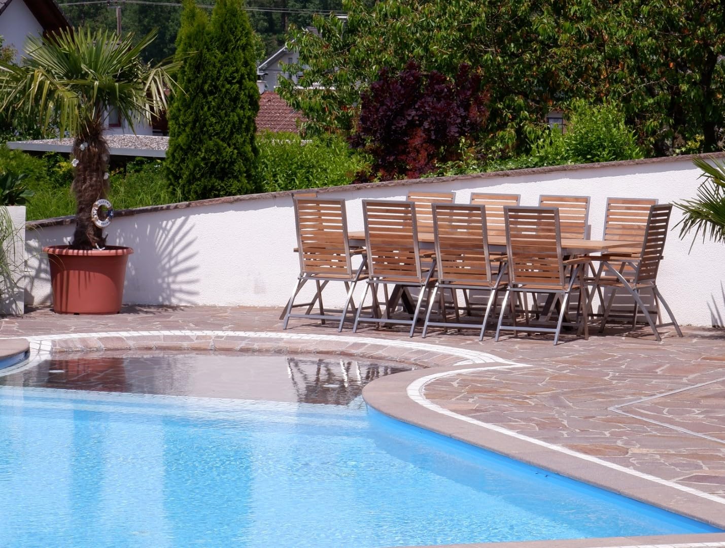 ALEOS. Gartengarnitur Edelstahl Teak Set: Ausziehtisch 200-260x100 cm + 10 Teak-Edelstahl Hochlehner, Sitzgruppe A-Grade Teak Holz - Serie Nassau - Gartenmöbel Set 10 Personen Gastronomie Qualität