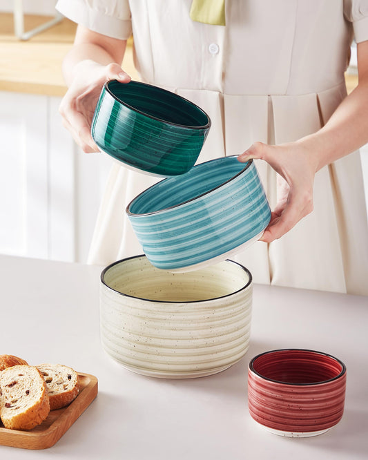 vancasso Bonbon Keramik-Schalen mit Deckel, mikrowellengeeignet, Lebensmittelbehälter für Vorbereitung, Salat, Suppe, Nudeln, Kochen und Servieren, 4 Stück (152 ml, 36 ml, 20 ml, 284 ml), mehrfarbig