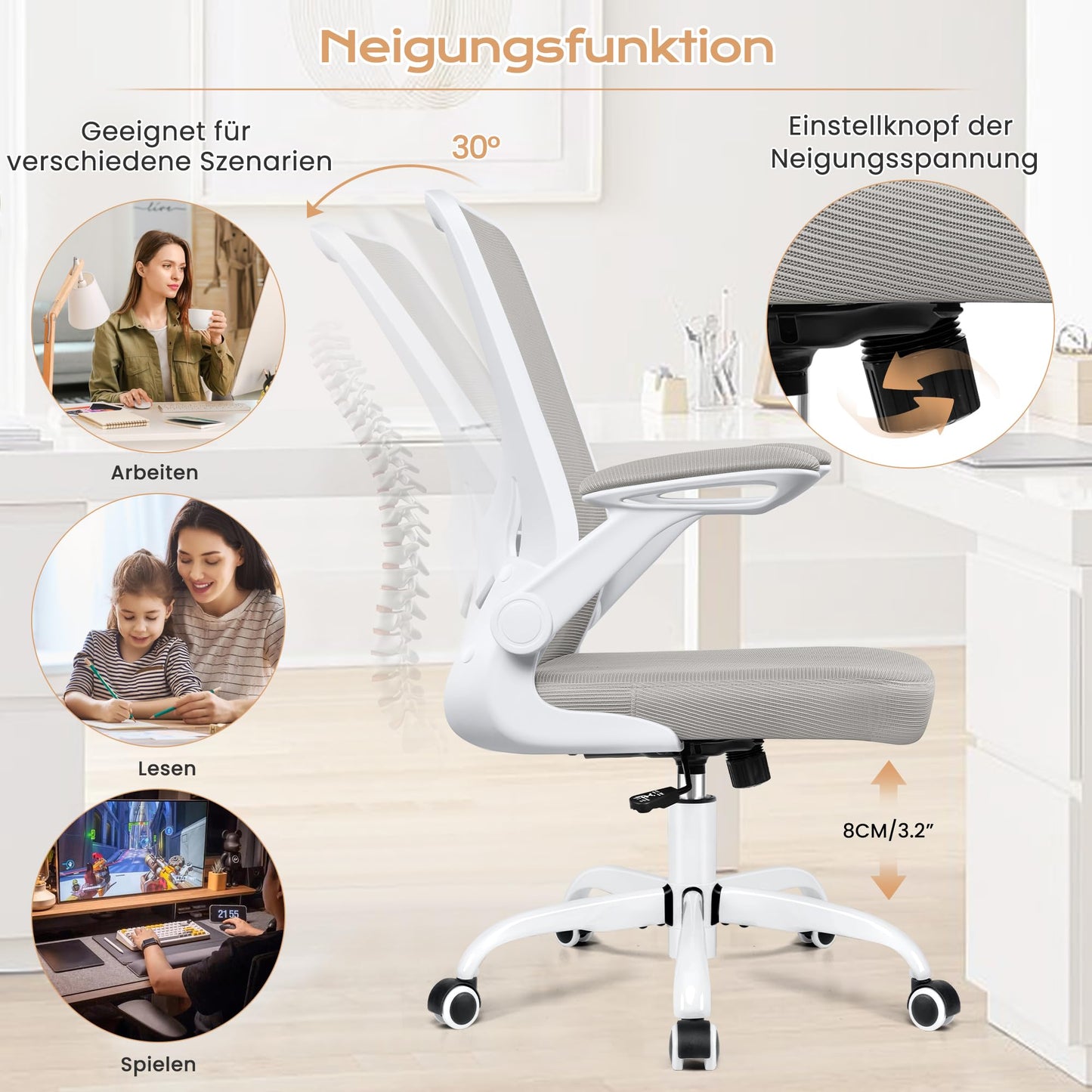 KERDOM Ergonomischer Bürostuhl mit klappbaren Armlehnen – atmungsaktives Netz, Lendenstütze, Schwarz