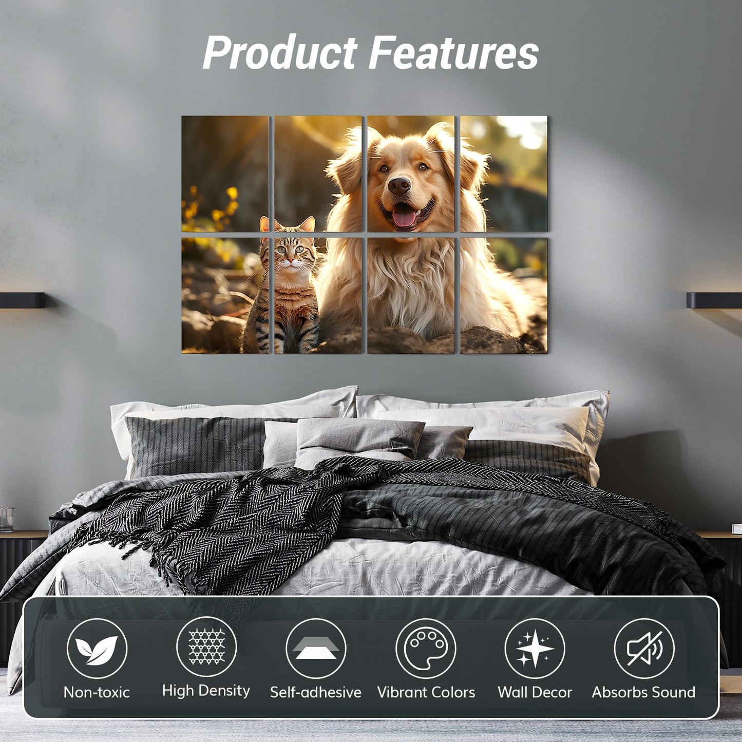 TONOR 8 Pack Art Acoustic Panel mit Selbstklebenden Wandpaneelen, 48"X32" Schallabsorbierende Paneele, Dekorative Schalldichte Paneele, Akustische Behandlung für Tonstudio, Büro, Katze und Hund