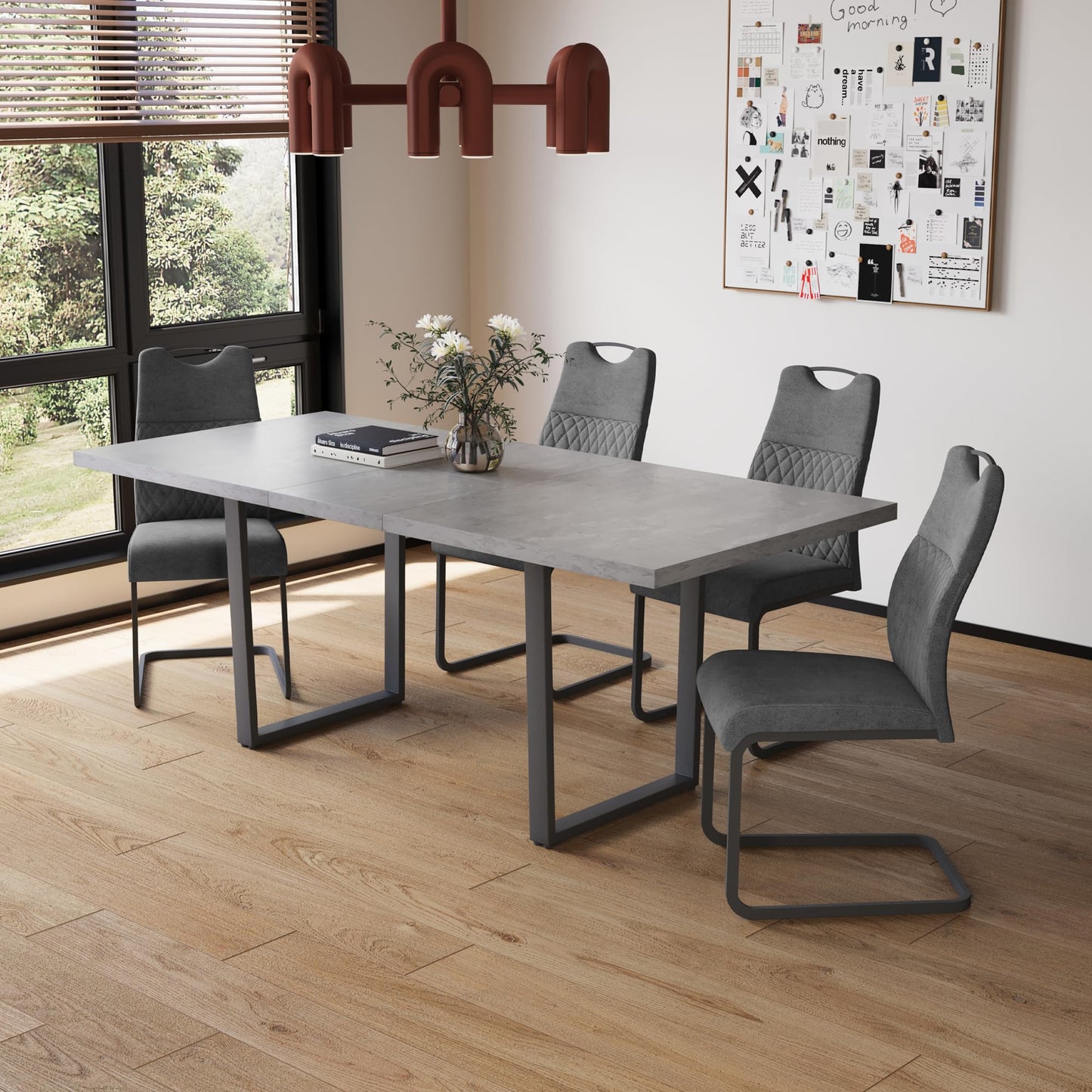 jiexi Esstisch-Set mit 4-8 Stühlen, Ausziehbarer Esszimmertisch 130-170 cm, MDF-Holztisch mit Grauen Stühlen für Küche und Wohnzimmer