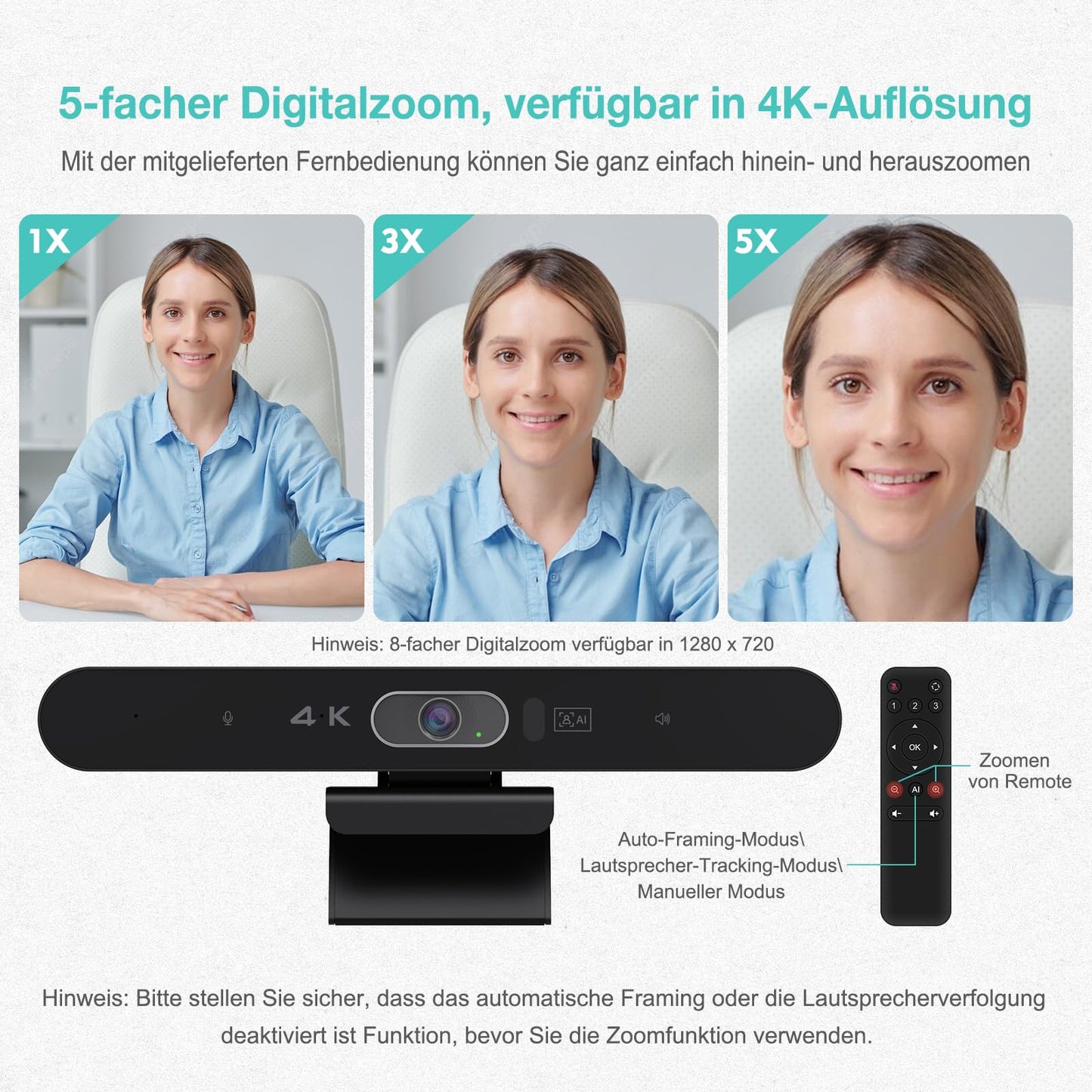 RayBit 4K Videokonferenz-Webcam mit Mikrofon und Lautsprecher, AI-Powered Kamera für Videokonferenz mit Fernbedienung für Windows TV/Meeting Room/PC/Desktop-Computer/Zoom/Teams/Skype/USB Plug&Play