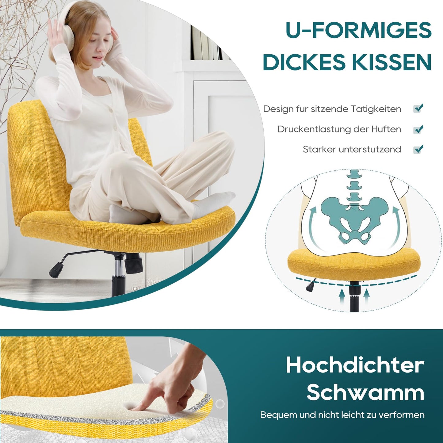 COLAMY Breiter Bürostuhl, Gepolsterter Armloser Schreibtischstuhl Drehbarer Home Office Stuhl 115° Wippfunktion Ergonomischer Computerstuhl für Home Office, Schminken, Gaming (Kreuzfuß, Gelb)