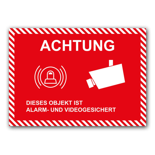 5 Stück XXL Achtung dieses Objekt ist Alarm und Videogesichert dieser Bereich wird videoüberwacht in A4 | 21 x 29,7cm Sticker mit UV Schutz für Außen-und Innenbereich