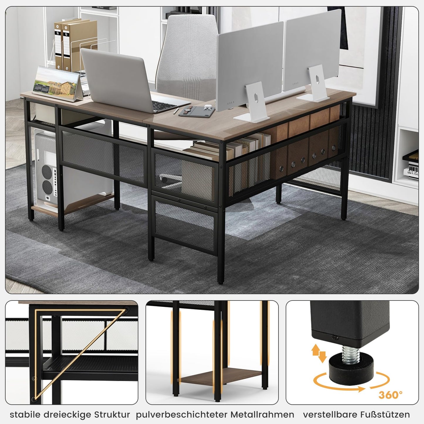 COSTWAY L-förmiger Schreibtisch, reversibler Eckschreibtisch mit Gitterregalen & CPU-Ständer, Ecktisch, Computertisch, Bürotisch für Home Office, 140 x 120 x 74 cm