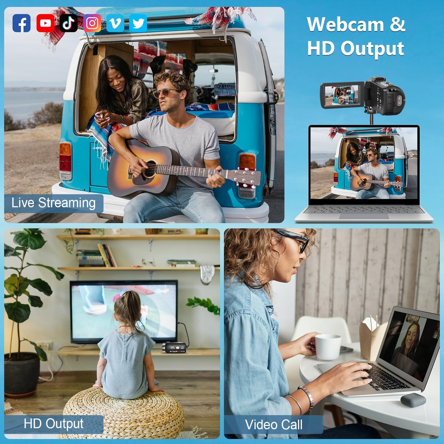 Videokamera 5K HD 64MP WiFi Camcorder für YouTube, 30FPS Webcam IR Nachtsicht Vlogging Kamera, 18X Digitalzoom 3,0 Touchscreen Video Camera mit SD-Karte, 2 Batterien, Fernbedienung, und Stabilisator