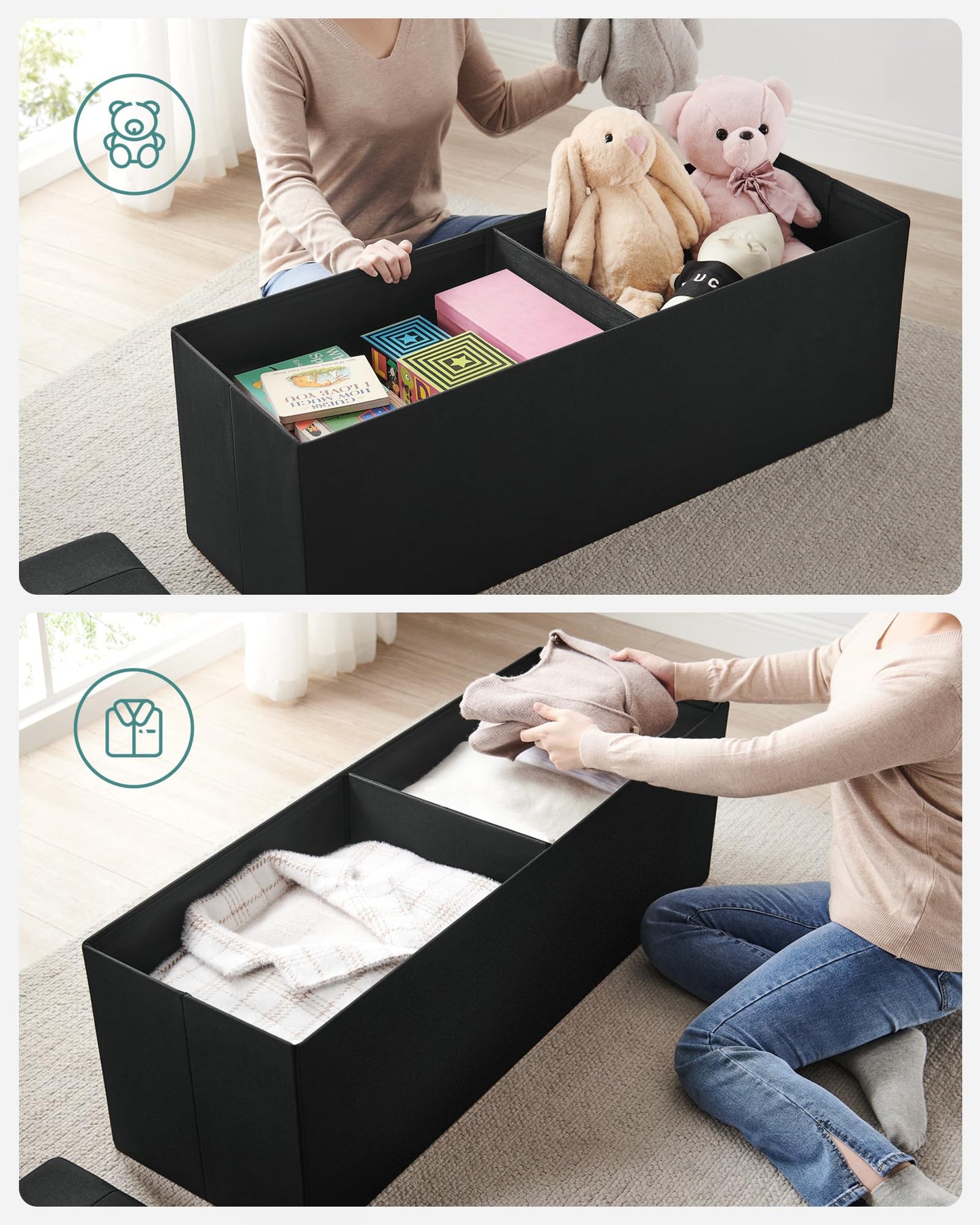 SONGMICS Sitzhocker mit Stauraum, klappbare Sitzbank, 38 x 110 x 38 cm Fußbank, Aufbewahrungsbox, bis 300 kg belastbar, für Wohnzimmer Schlafzimmer Flur, tintenschwarz LSF077B01