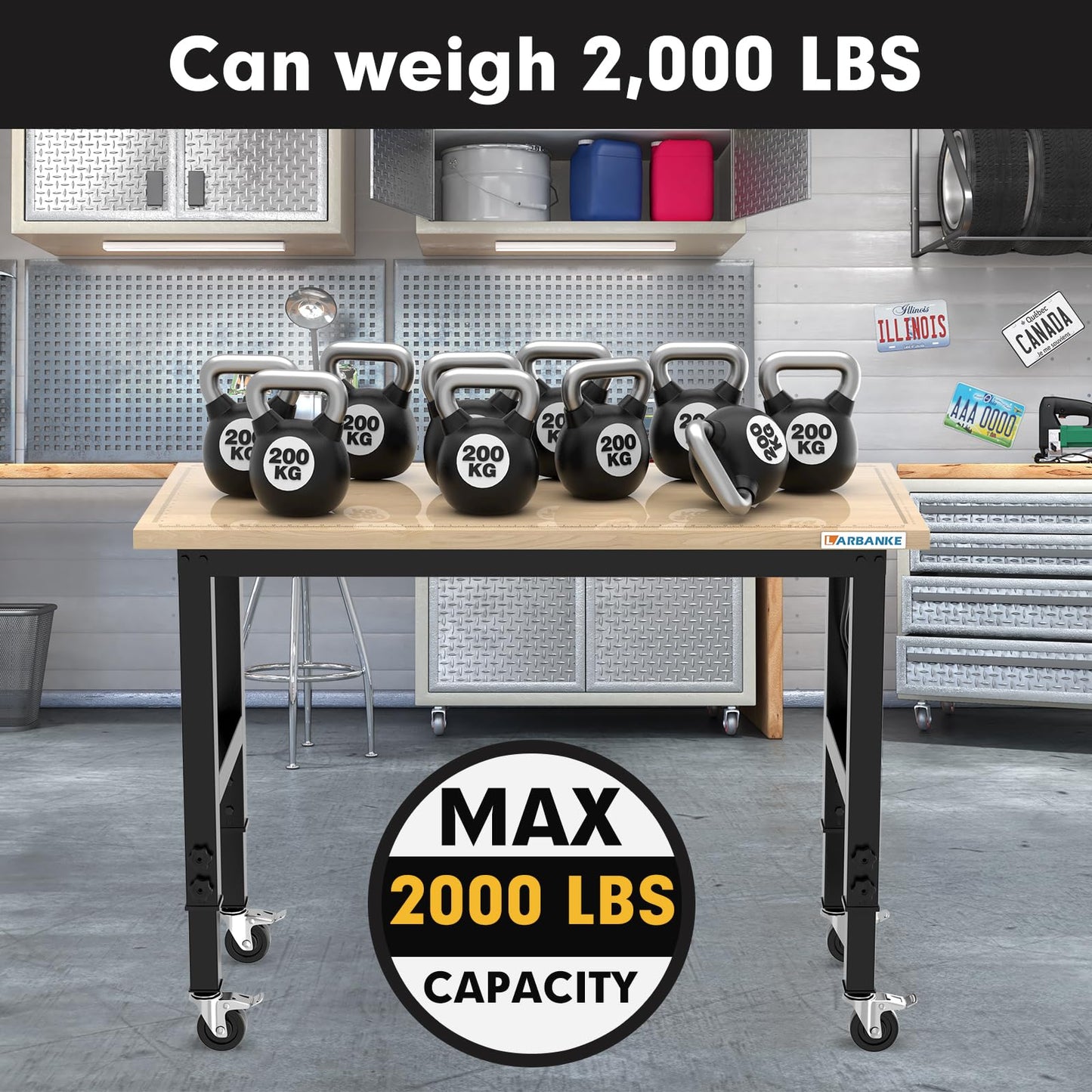 LARBANKE 120 cm Schwerlast-Werkbank für Garage und Werkstatt, höhenverstellbar 85-105 cm, Gummiholzplatte mit Skalen, Tragkraft 900 kg, Log Color