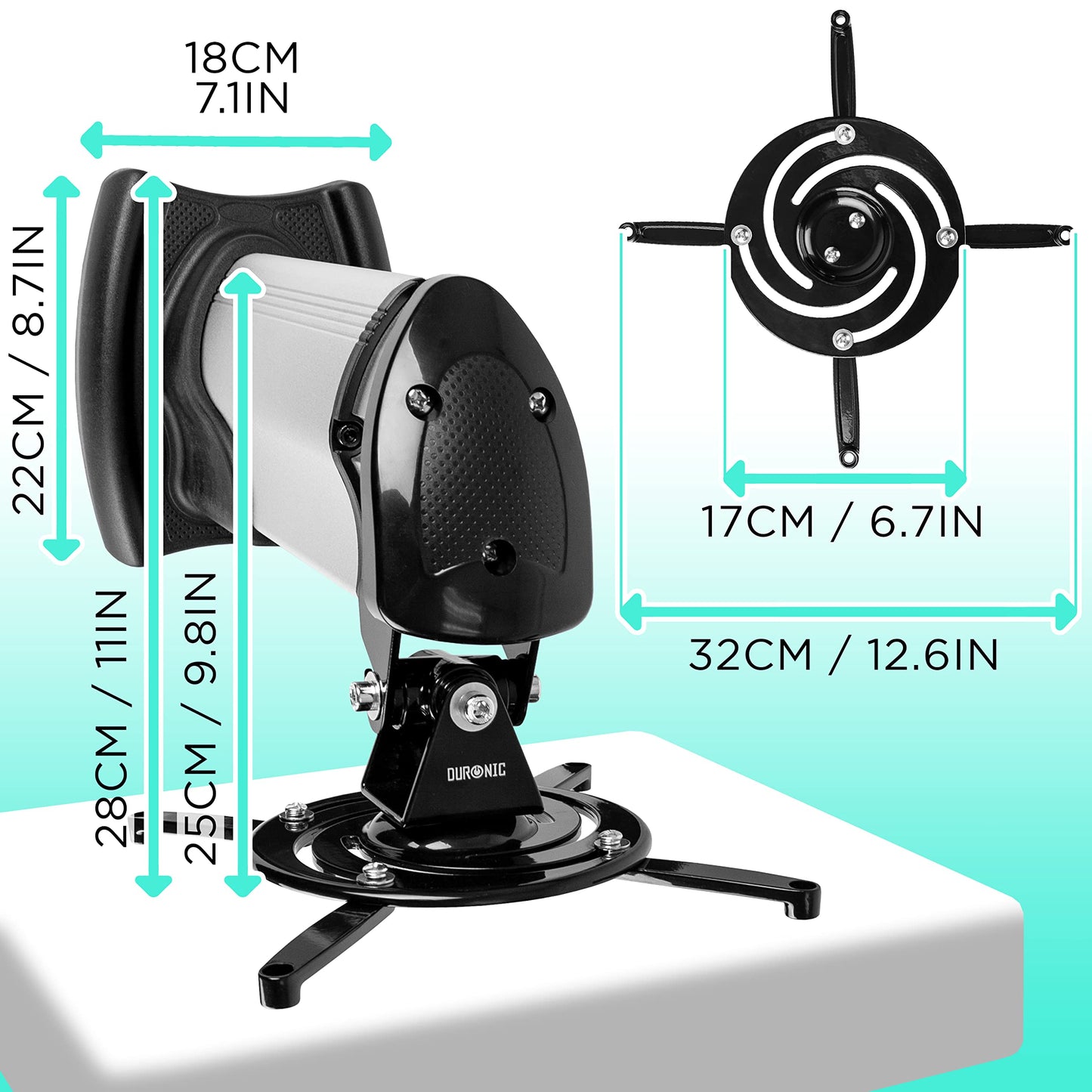 Duronic PB10XM Beamer Halterung | Projektor Deckenhalterung | Universal Wandhalterung | Halterung für Video-Projektor | drehbar und schwenkbar | Heimkino | Traglast bis zu 15 kg | 360° Rotation