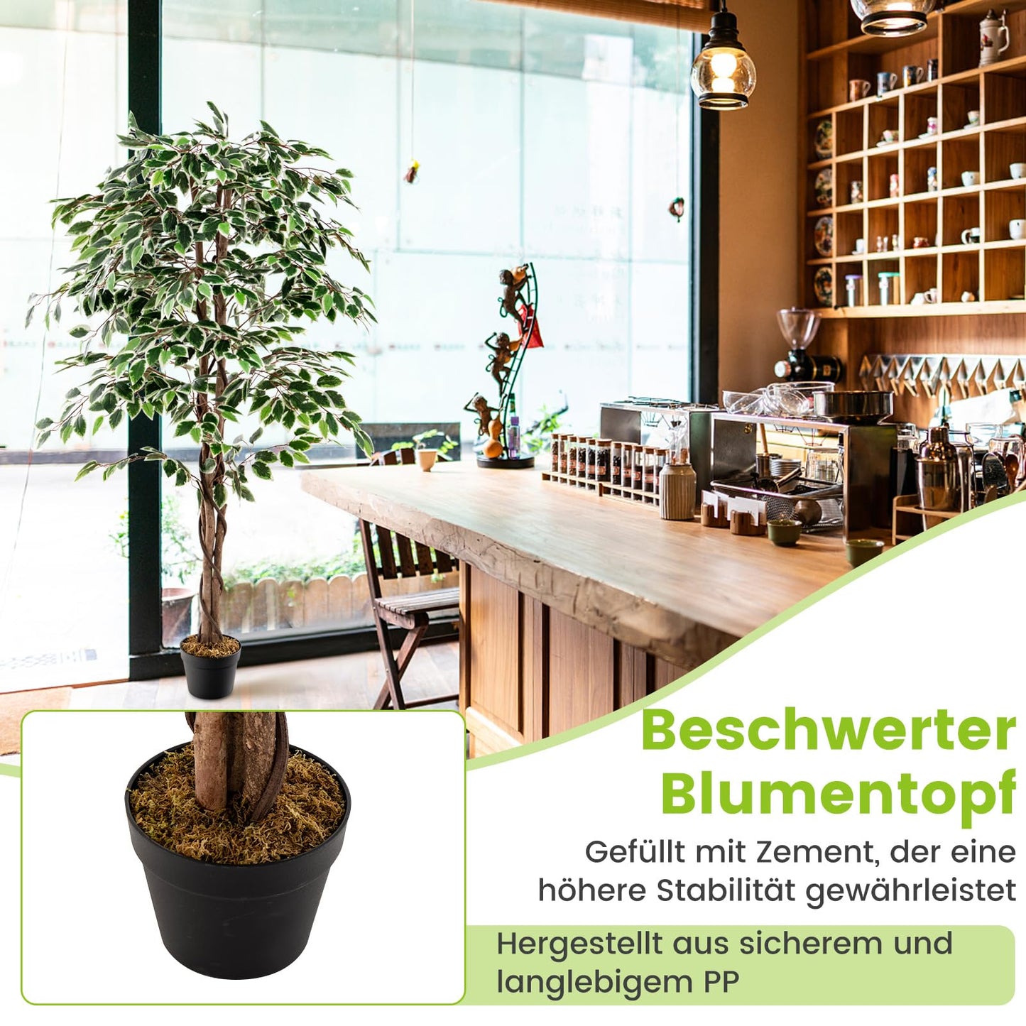 COSTWAY 160 cm Kunstpflanze grün, Künstliche Pflanze Ficus Benjamin, Dekopflanze mit natürlichem Holzstamm & Blättern, Zimmerpflanze Deko, Kunstbaum Innendekoration, für Zuhause Garten Büro