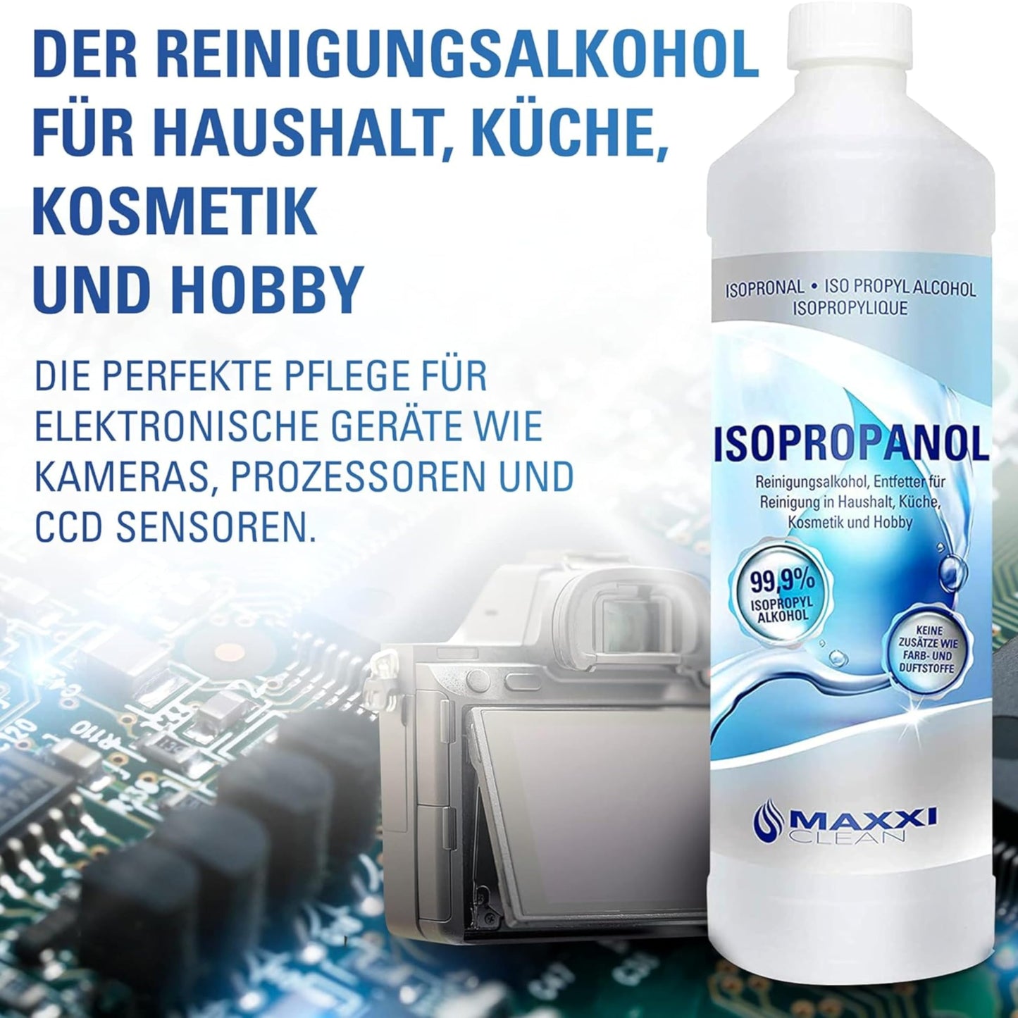 Maxxi Clean | Reines Isopropanol (99,9%) Reinigungsalkohol | 1x 750 ml Fettlöser & Lösungsmittel | rückstandsfrei anwendbar zur Reinigung von elekt. Bauteilen, Schallplatten, Druckköpfen und mehr