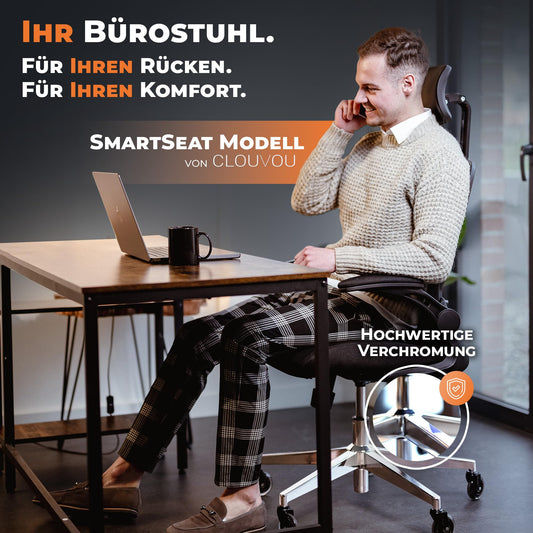 CLOUVOU SmartSeat Bürostuhl Ergonomisch | Schreibtischstuhl [3D PU Leder Kopfstütze, Blade Wheels, Chrom-Metall] | Büro Stuhl, Computerstuhl Home Office Chair Ergonomic, Drehstuhl 150 kg
