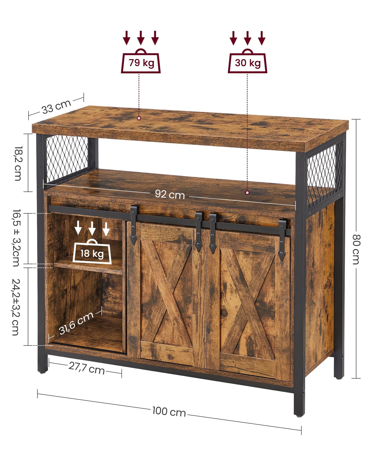 VASAGLE Sideboard, Küchenschrank, Aufbewahrungsschrank, mit 2 Schiebetüren, 33 x 100 x 80 cm, verstellbare Ablagen, Landhausstil, für Wohnzimmer, vintagebraun-schwarz LSC092B01