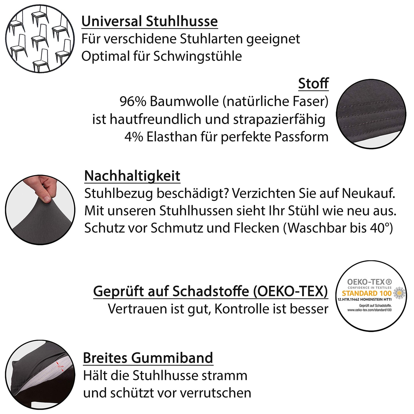 Staboos Stuhlhussen 2er Set - Hochwertige & elastische Stuhlhussen für Swingstühle - Pflegeleichte Stuhlbezüge & Hussen für Stühle - Stuhlbezug 2er Set ÖKO TEX Zertifiziert - Schwarz