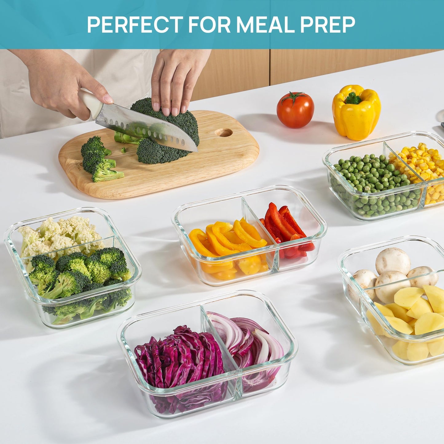 Vtopmart 5er 33oz Meal Prep Boxen, Glasbehälter mit Deckel, Frischhaltedosen Glas mit Deckel für Mikrowelle, Ofen, Gefrierschrank und SpüLmaschine