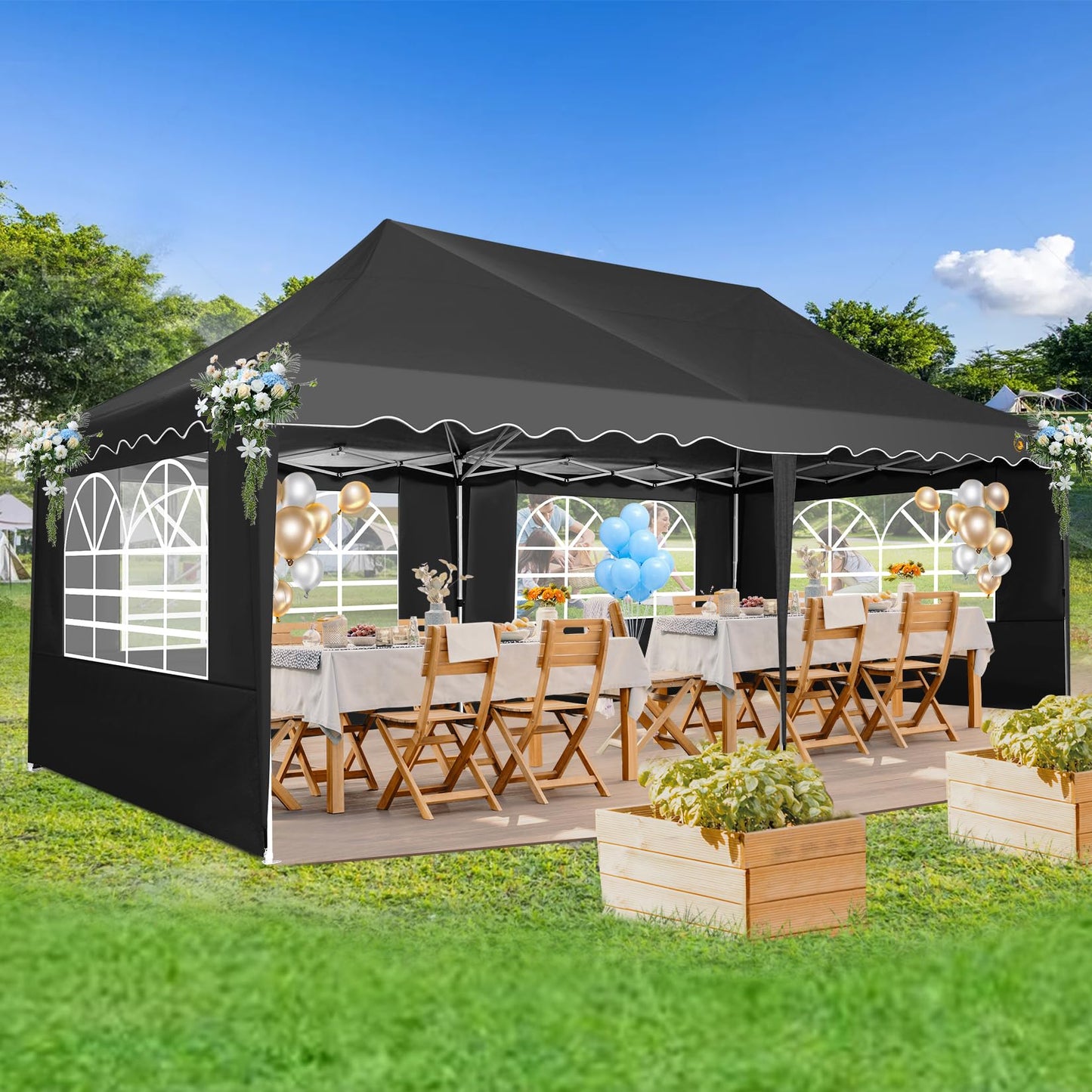 HOTEEL Faltpavillon 3x6 Pavillon Wasserdicht Stabil Partyzelt Faltbar, Faltzelt Mit 6 Seitenwänden & Rolltasche & 4 Sandsäcken, Einfacher Aufbau für Hochzeiten, Gewerbe, Partys, UV50+ Schutz, Schwarz
