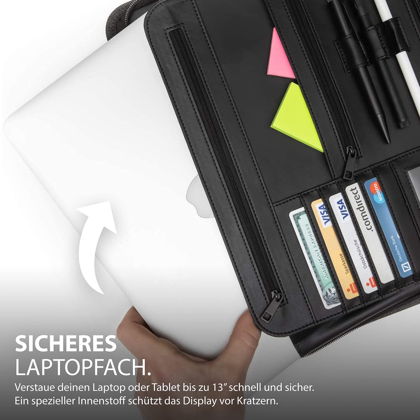 Vebon® Schreibmappe A4 groß"New York" I Veganes Leder, Reißverschluss + Klemmbrett I Konferenzmappe + Laptoptasche I extra Stauraum I Schwarz