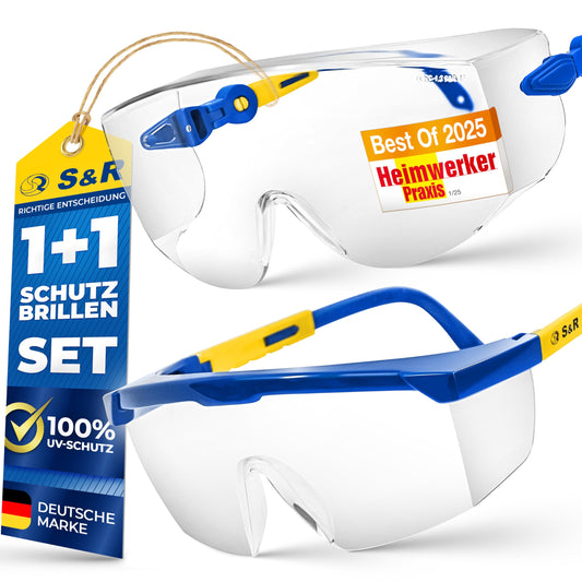 S&R Schutzbrille Set: Schlagfeste Sicherheits- und Arbeitsbrille mit UV-Schutz – Transparente Vollsicht-Überbrille aus Polycarbonat für optimalen Augenschutz