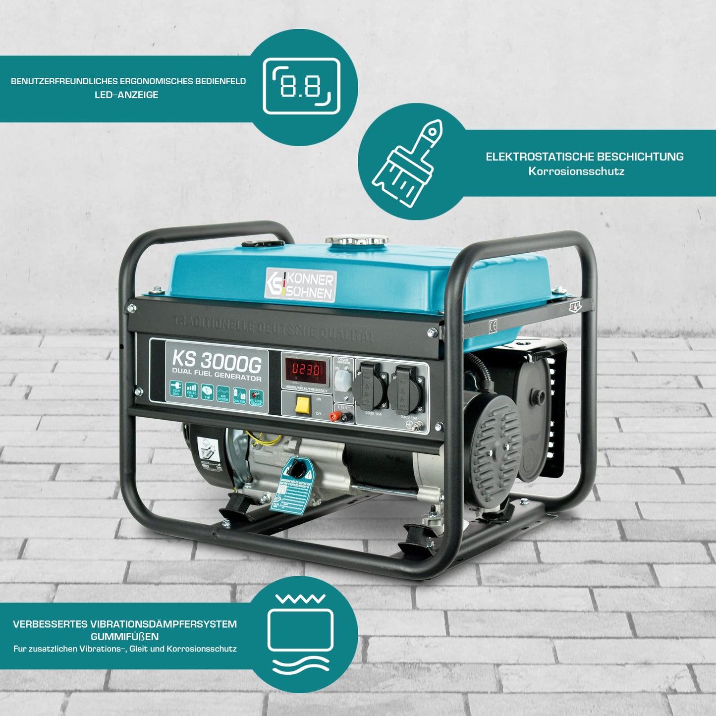 Könner & Söhnen KS 3000G - Hybrid Benzin-LPG 4-Takt Stromerzeuger, Kupfer Generatoren 3000 Watt, 16A, 230V, Generator für Kleinhaus, Garage oder Camping Blau3-g