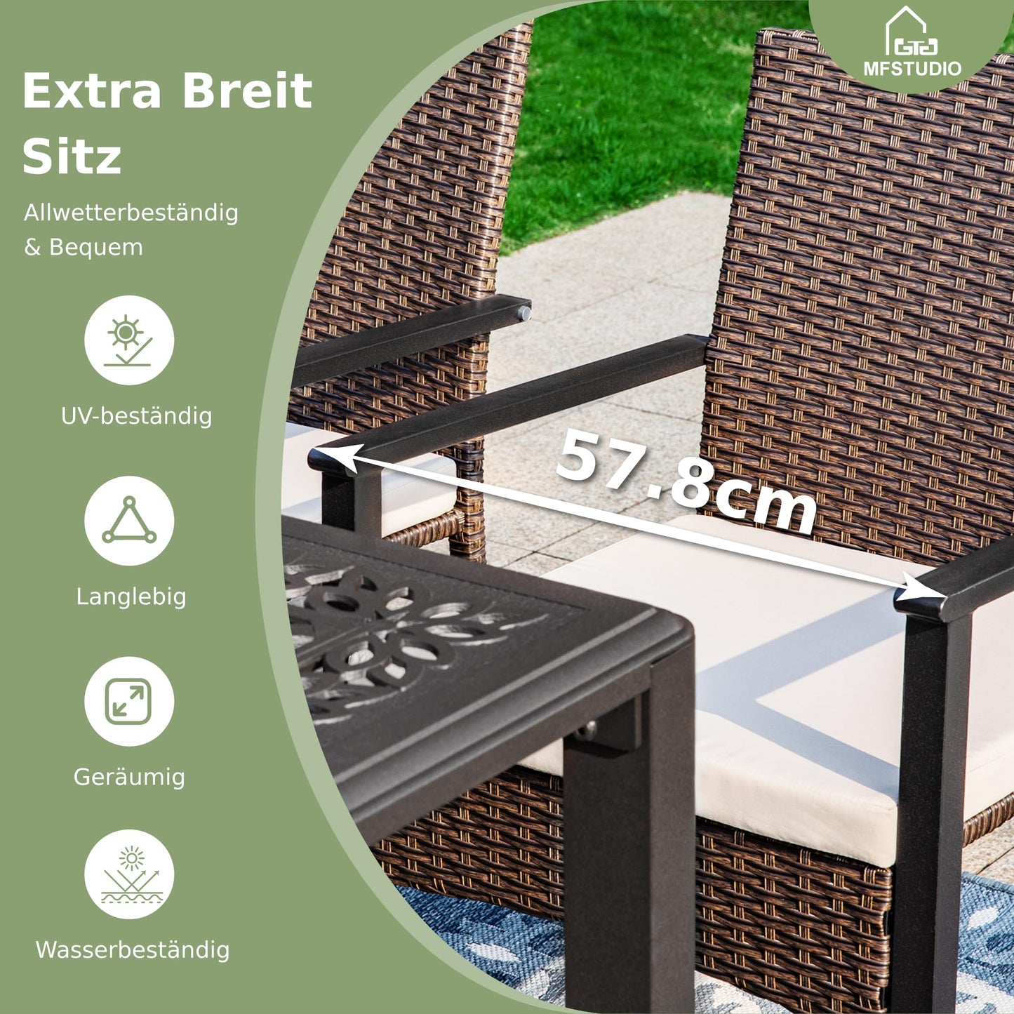 MFSTUDIO Rattan Gartenmöbel Set, Balkonmöbel, Rechteckiger Gartentisch mit Stühlen Terassenmöbel mit Verstellbarem Schirmloch, Terassenmöbel Außen für Garten, Beige Kissen, Dunkelbraun