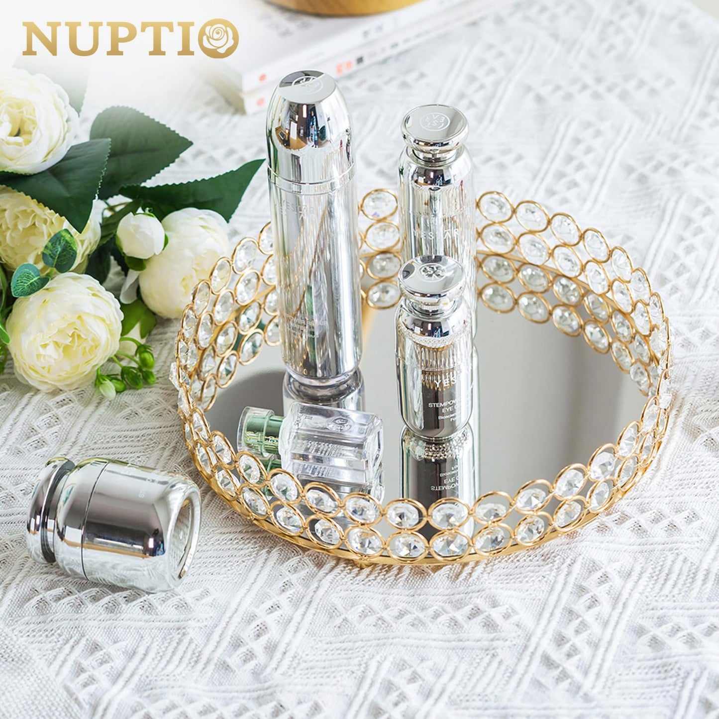 NUPTIO Tablett Spiegel Deko Kristallwaschtisch: 25cm Durchmesser Make Up Organizer Verziertes Deko Tablett für Parfüm Schmuck Kerzen und Make-up Weihnachten Hochzeitsfeier Wohnzimmer Deko