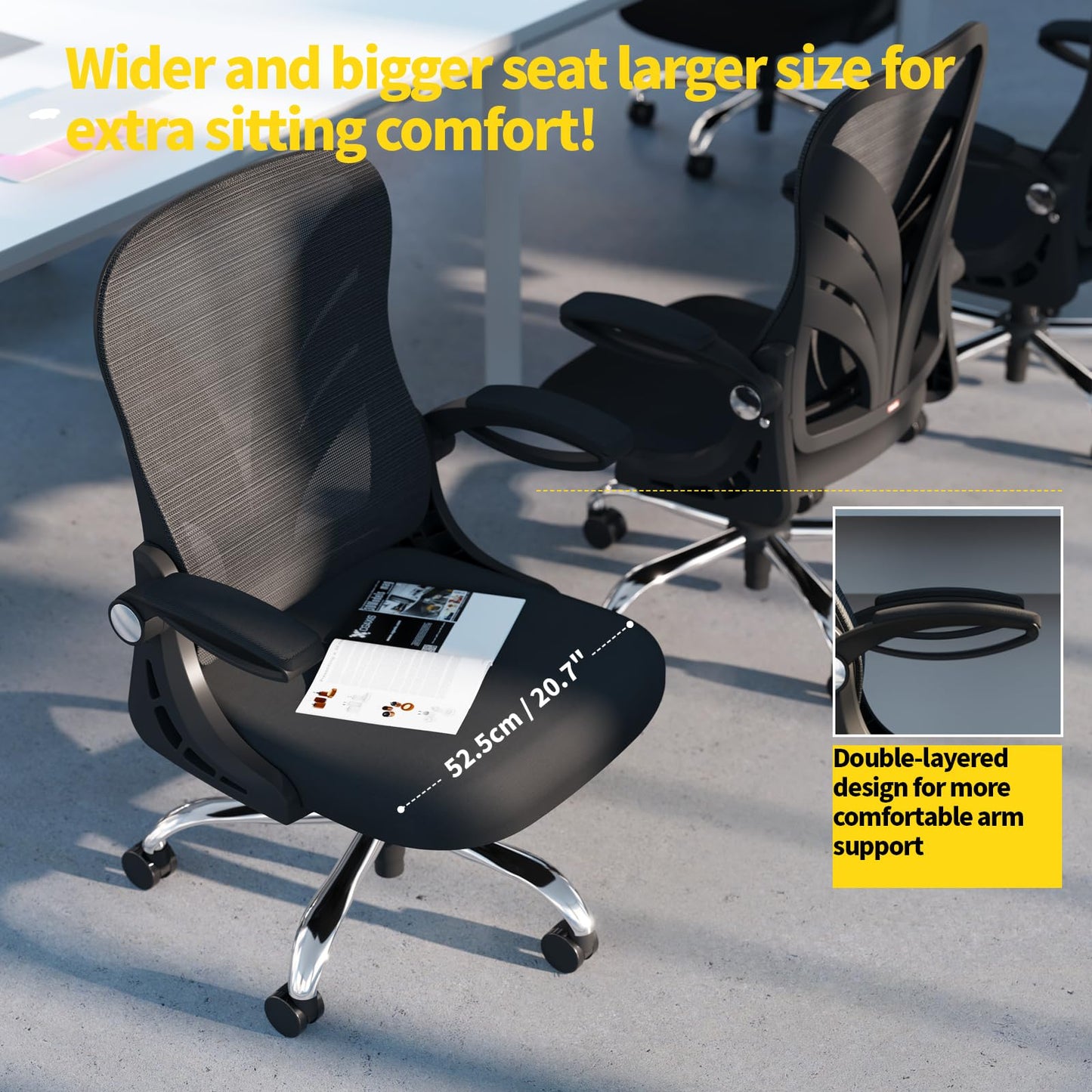 HOLLUDLE Ergonomischer Bürostuhl mit Klappbarer Rückenlehne, Schreibtischstuhl mit Erweitertem Sitz(52 cm), Hochklappbaren Armlehnen und Mesh Lendenwirbelstütze Drehstuhl Computerstuhl, Schwarz