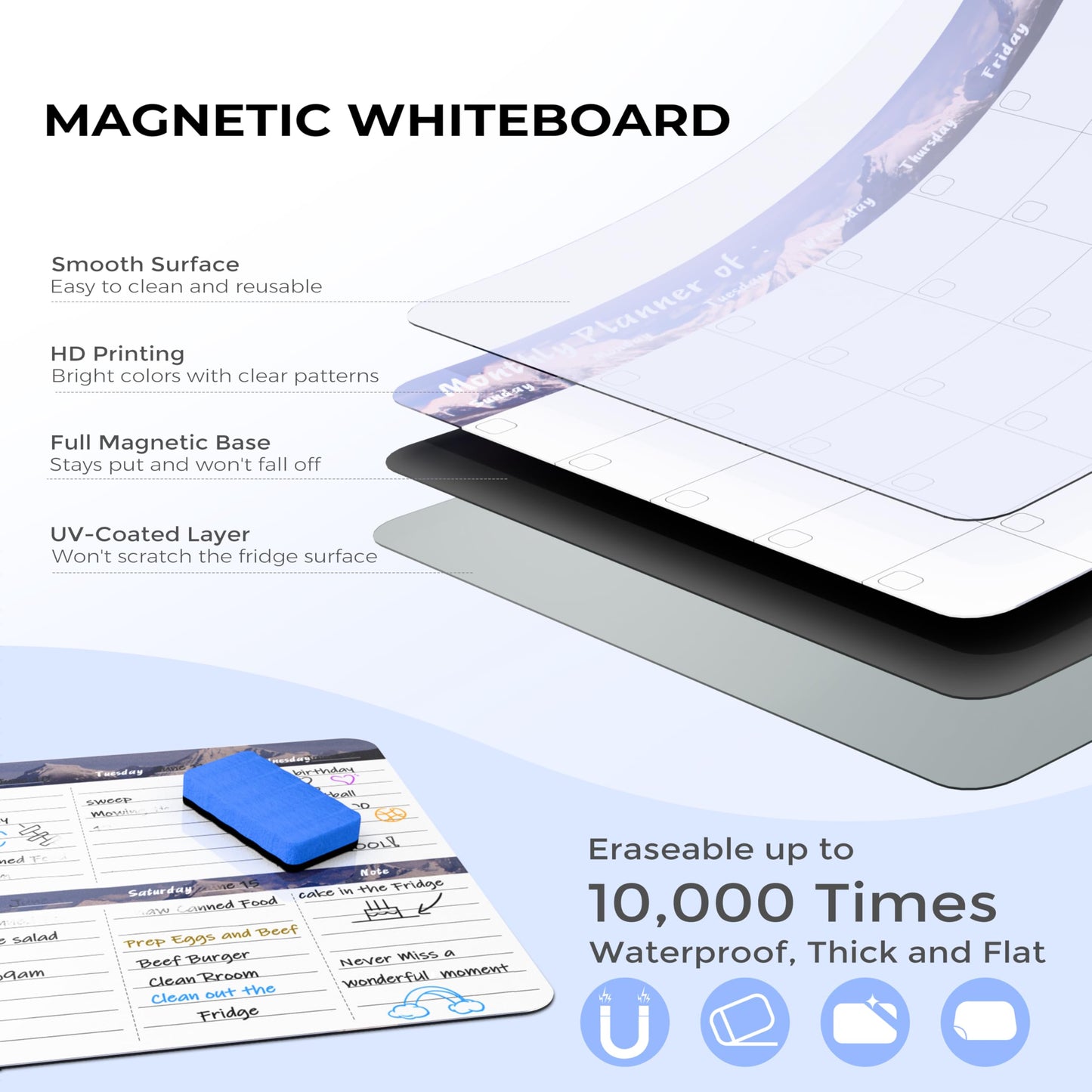 Marsrock Magnetischer Kalender für den Kühlschrank (4er-Pack) – Wochen- und Monatsplaner, Aufgaben- und Einkaufsliste, Whiteboard mit 8 Markern, 6 Magneten und 1 Schwamm für Küche und Zuhause, in Grau