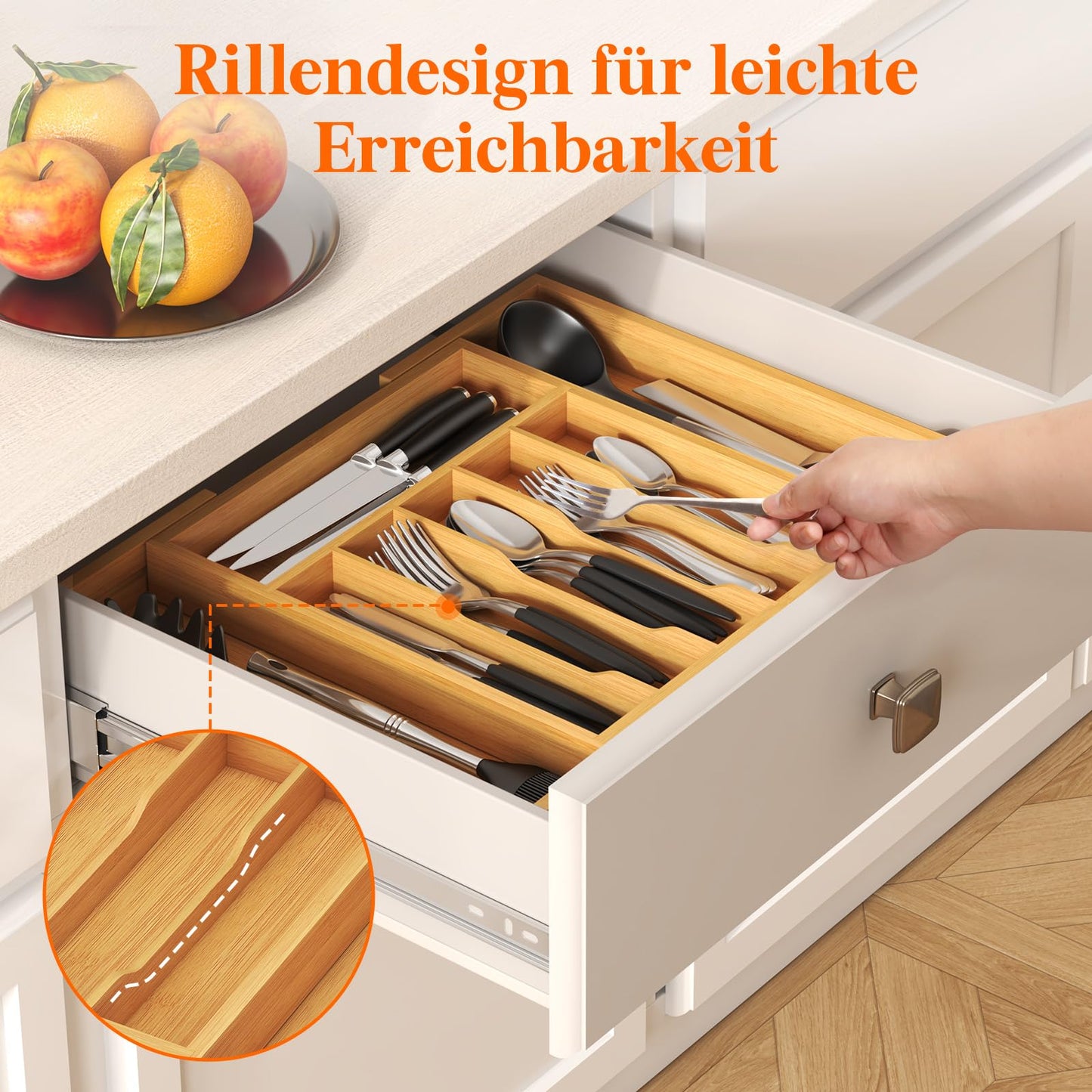 Lifewit Besteckhalter, Erweiterbarer Utensilienhalter für Schublade, Verstellbarer Besteckkasten, Kompakt Besteckeinsatz für Schubladen aus Bambus für Löffel, Gabeln, Messer, Groß, Naturfarbe