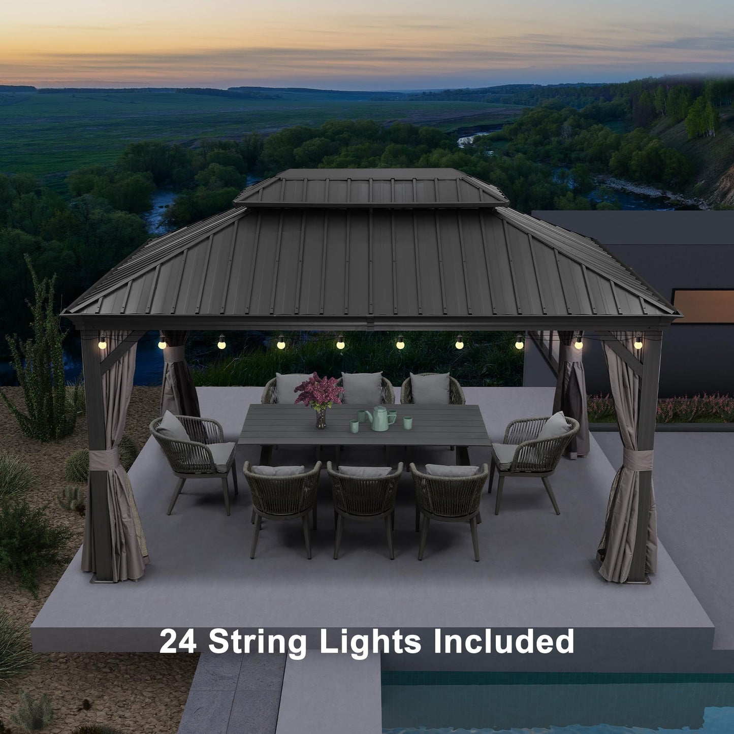PURPLE LEAF Pavillon 423x298 cm Grau mit Aluminiumrahmen, Hardtop-Dach und LED-Beleuchtung