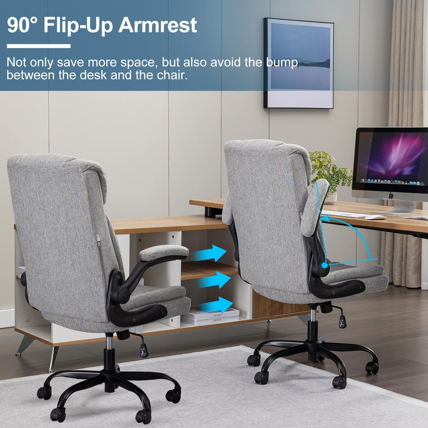 LIYURUI Bürostuhl Ergonomischer 150KG Belastbarkeit Chefsessel Stoff Flip-up Armlehnen/110° Schaukeln Chefsessel mit Hoher Rückenlehne und Breitem Sitz Schreibtischstuhl, Grau